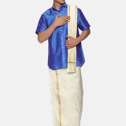 Sethukrishna Men Blue & White Shirt with Dhoti & Angavastram Set-picture-1