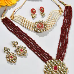 SOHI Set of 2 Gold-Plated Kundan-Studded Pearl Beaded Jewellery Set image 1