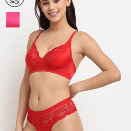 Friskers Red & Pink Pack of 2 Non-Padded Lace Lingerie Set-picture-17