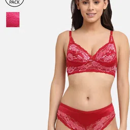 Friskers Red & Pink Pack of 2 Non-padded Lace Lingerie Set-image-21