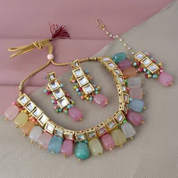 LUCKY JEWELLERY 18k Gold Plated Green & White Kundan-Studded & Beaded Jewellery Set-image-27
