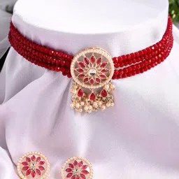 AQUASTREET JEWELS Gold-Plated Red Stone Studded & Beaded Jewellery Set image 1