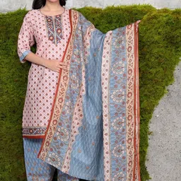 Jevi Prints Women Ethnic Motifs Printed Regular Pure Cotton Kurta with Trousers & With Dupatta image 1