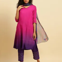 W Ombre V-Neck Regular Kurta with Trousers & Dupatta-picture-41