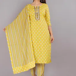 HIGHLIGHT FASHION EXPORT Floral Printed Round Neck Straight Kurta with Trousers & Dupatta image 1