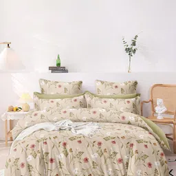 Laying Style Beige Floral Printed Fine Cotton Double King Bedding Set-image-35