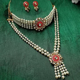 Anouk Gold-Toned Gold-Plated Kundan Studded & Pearls Beaded Layered Necklace With Earrings image 1