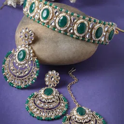 Sukkhi Gold-Plated Kundan-Studded & Beaded Jewellery Set image 1