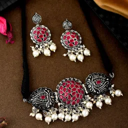 Shoshaa Oxidised Silver-Plated & Red Stones-Studded Jewellery Set image 1