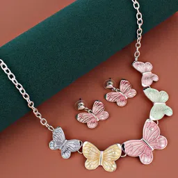 LUCKY JEWELLERY German Silver Silver-Plated Meenakari Jewellery Set image 1