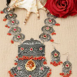 Moedbuille Silver-Plated Stone-Studded and Beaded Necklace & Earrings Set image 1