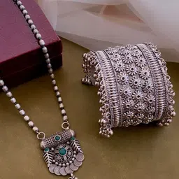 ATIBELLE Silver-Plated Stone-Studded & Beaded Jewellery Set image 1
