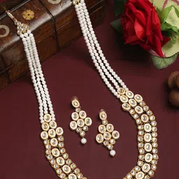 YouBella Gold-Plated White Kundan-Studded & Pearl Jewellery Set image 1