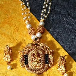 ANIKAS CREATION Gold-Plated & Black Stone-Studded Temple Jewellery Set-picture-36