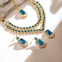 Atasi International Gold Plated AD Stone Studded Necklace & Earrings Maang Tika-picture-10