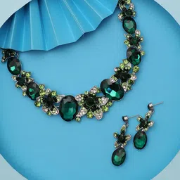 SOHI Silver-Plated Teal Blue & Green Stone Studded Jewellery Set-picture-27