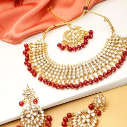YouBella Gold-Plated & Maroon Stone-Studded Jewellery Set With Maang Tikka-picture-30