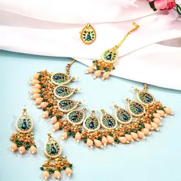 Yellow Chimes Gold-Plated Peacock Beaded Necklace & Earrings image 1