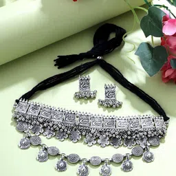 Yellow Chimes Silver Oxidised Swan design Dual Layer Jewellery Set image 1