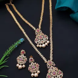 GRIIHAM Gold-Plated Pink & Green CZ-Studded & Beaded Jewellery Set-picture-30