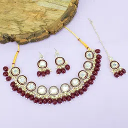 PRIVIU Gold Plated Kundan Studded & Beaded Jewellery Set-image-71