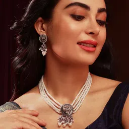 Priyaasi Sliver-Plated Stones Studded & Pearl Beaded Lion Face Oxidised Jewellery Set-picture-10