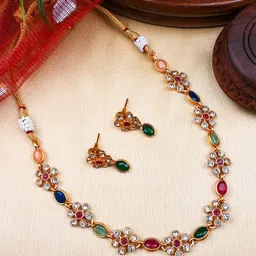StileAdda Gold-Plated Stones Studded Flower Jewellery Set image 1