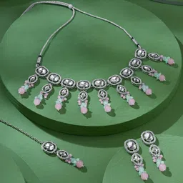 Zaveri Pearls Silver-Plated Stone Studded & Beaded Jewellery Set-picture-13