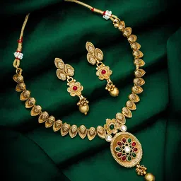 aadita Gold-Plated Pink & Green Ruby-Studded & Beaded Jewellery Set-picture-23