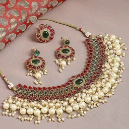 OOMPH Gold-Toned Red & Greeb Kundan Beads Studded Choker Jewellery Set image 1