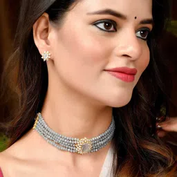 Silvermerc Designs Gold Plated & Grey Beaded Choker Jewellery Set-picture-14