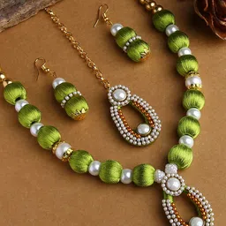 AKSHARA Gold-Plated White & Green Beaded Thread Jewellery Set image 1