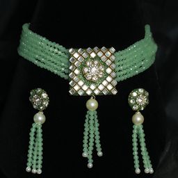Priyaasi Women Gold-Plated Mirror Block AD-Studded & Green Beaded Jewellery Set-picture-34