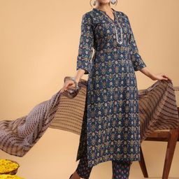 Janasya Ethnic Motifs Printed Regular Pure Cotton Kurta with Trousers & With Dupatta-picture-47