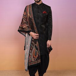 KISAH Self Design Mandarin Collar Sherwani Dhoti & Dupatta Set-picture-10