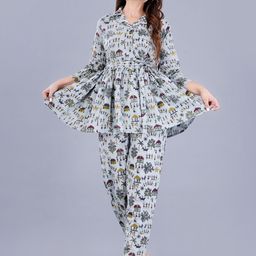 ao services Floral Printed Empire Pure Cotton Kurti With Trousers-picture-2