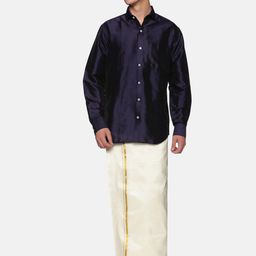 Sethukrishna Men Navy Blue & White Shirt with Dhoti Set-picture-5