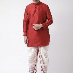 DEYANN Men Red Dupion Silk Kurta with Dhoti Pants-picture-0