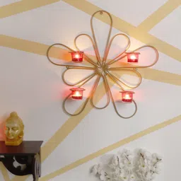 Home Sparkle Gold Toned and Red Tealight Wall Hanging Candle Holder With Votive Glass Set-image-85