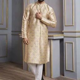 Inddus Yellow Floral Digital Printed Mandarin Collar Regular Kurta with Trouser image 1