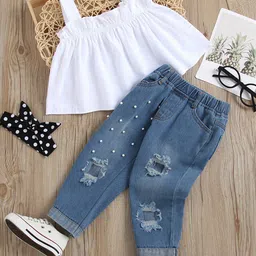 INCLUD Girls Self Design Shoulder Straps Top With Denim Pants-image-19