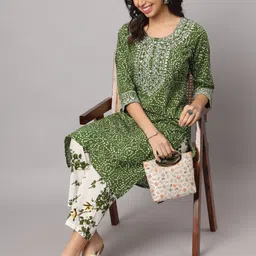 KALINI Bandhani Printed Regular Mirror Work Pure Cotton Kurta with Trousers image 1