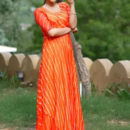 Thread & Button Orange Lehariya Chiffon Ethnic Maxi Dress image 1