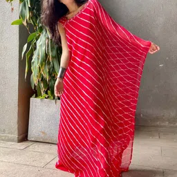 Thread & Button Red & White Chiffon Kaftan Maxi Dress image 1