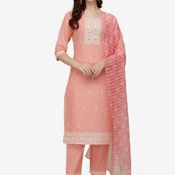 Berrylicious Women Embroidered Mirror Work Pure Cotton Kurta with Trousers & With Dupatta image 1