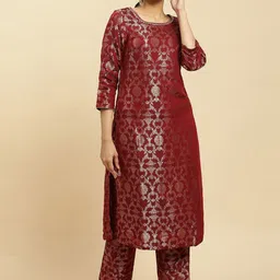 W Festive Floral Print Rayon Kurta With Straight Pant image 1