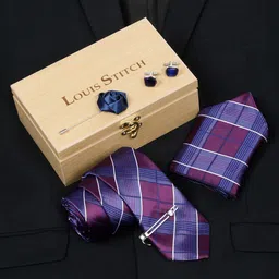 LOUIS STITCH Men Checked Italian Silk Necktie Accessory Gift Set-image-38