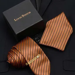LOUIS STITCH Men Striped Silk Necktie Accessory Gift Set-image-98