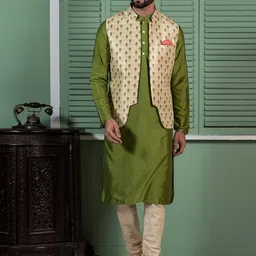 KISAH Mandarin Collar Kurta with Churidar With Printed Nehru Jacket-image-17