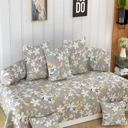 Homefab India 8 Pieces Grey & White Floral -Printed 180 TC Diwan Set-picture-27